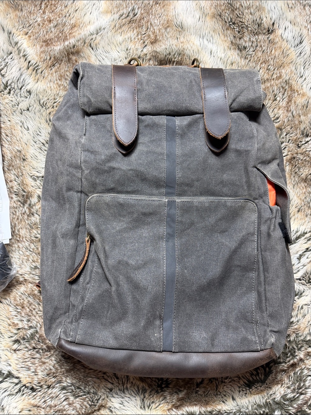 Harley-Davidson Gray Waxed Canvas Roll-Top Backpack with Brown Trim